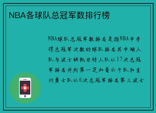 NBA各球队总冠军数排行榜