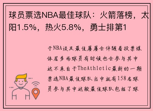 球员票选NBA最佳球队：火箭落榜，太阳1.5%，热火5.8%，勇士排第1